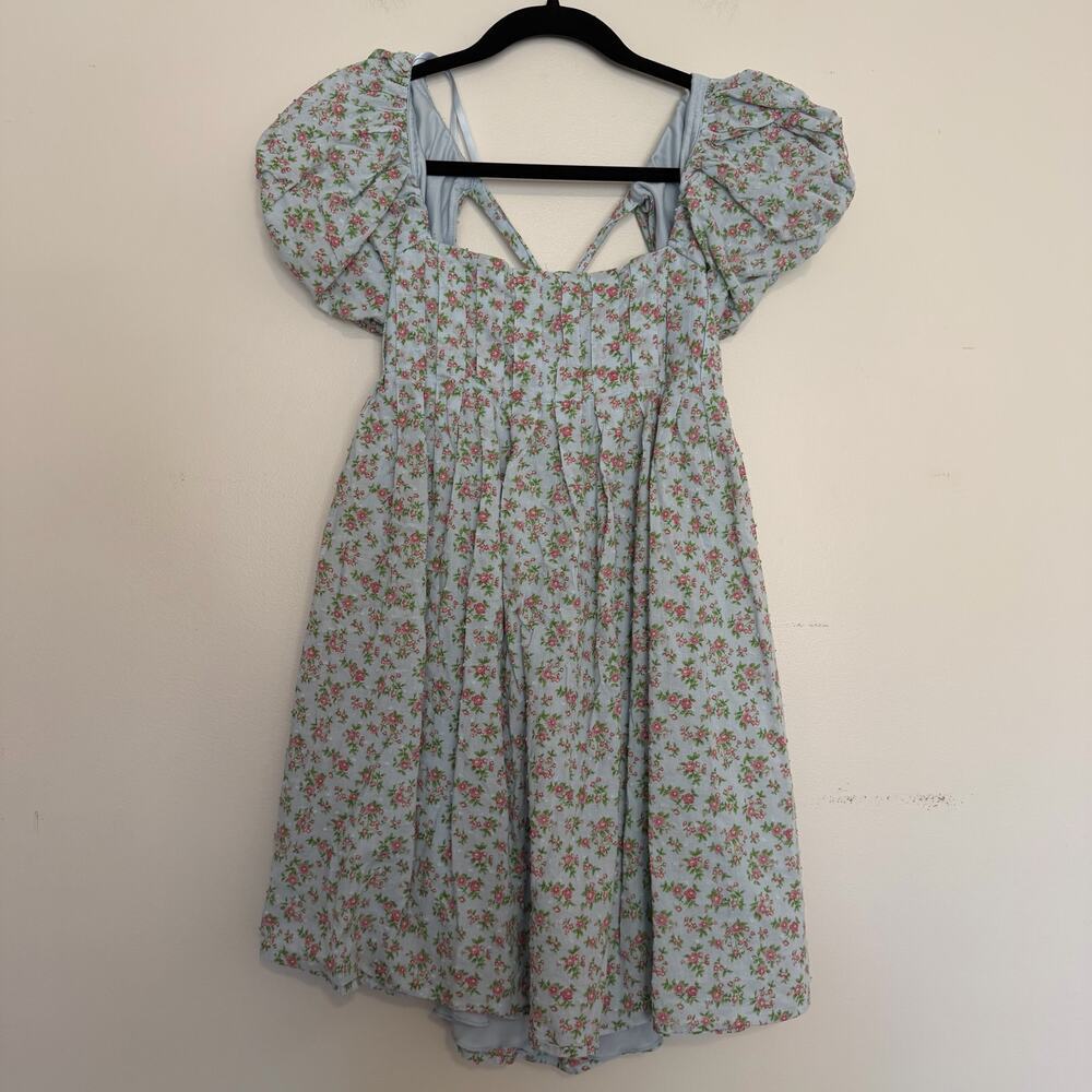 Bebop Floral Puff Sleeve Cross Back Coquette Whimsical Ditsy Floral Mini Dress M